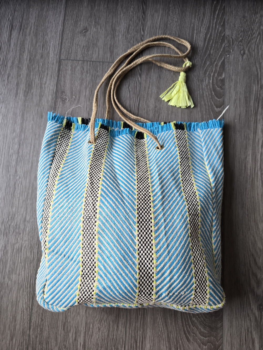 Woven Raffia Straw Beach Tote Turquoise Herringbone Jute Rope Handle Bag